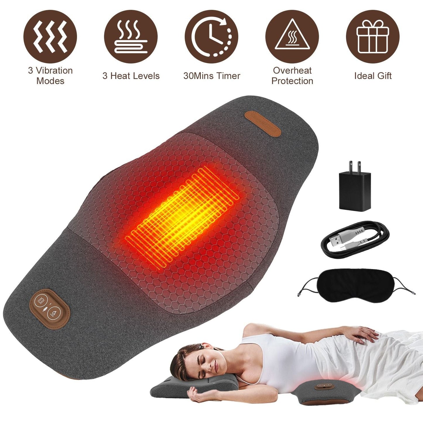 Dark grey electric lumbar massager pillow with heated vibration pad