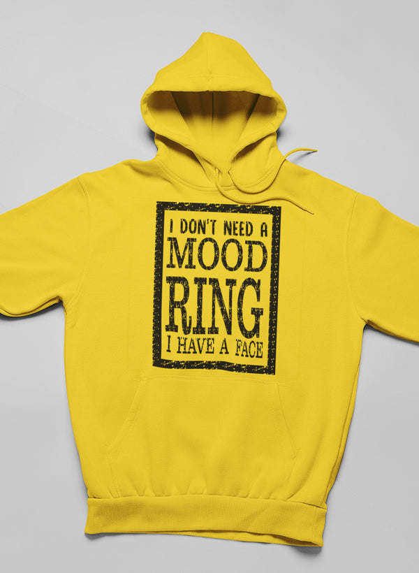 Mustard yellow pullover hoodie with front graphic text in a black square frame