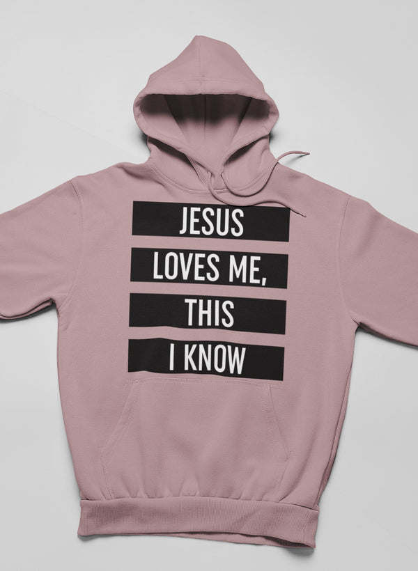 Mauve pullover hoodie with bold stacked text graphic, hood with drawstrings and kangaroo pocket