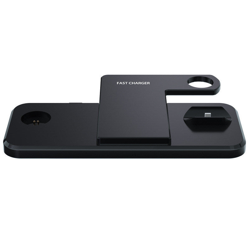 Black wireless charging dock base with fan stand, phone cradle, and smartwatch holder