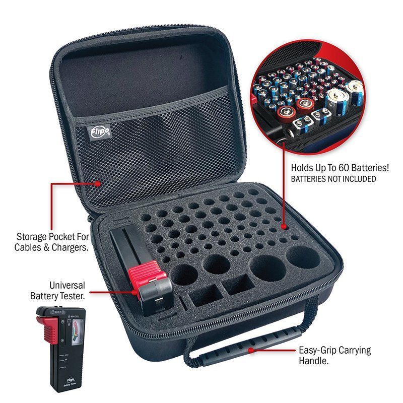 Black battery storage case with foam insert, circular slots, and zippered top.