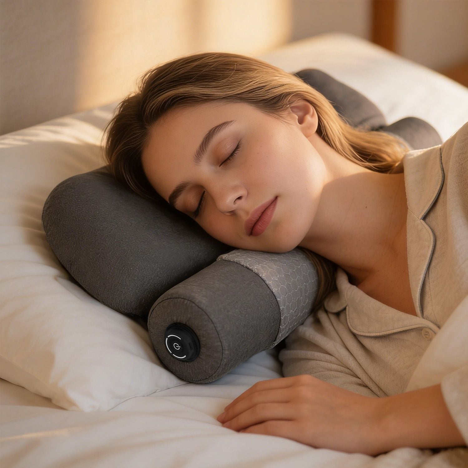 Dark grey heated neck pillow with round control pad and curved support