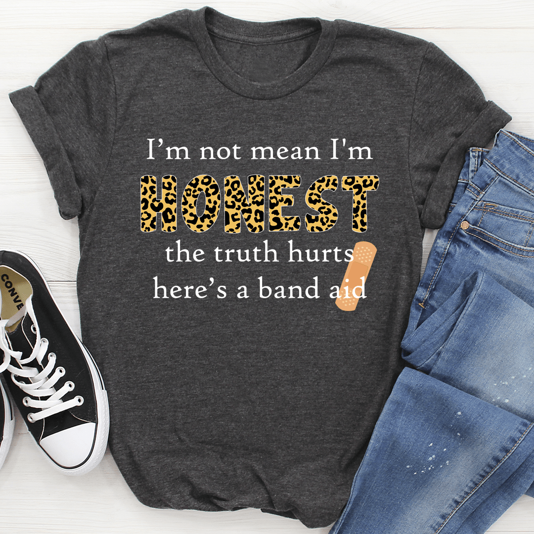 Dark heather gray graphic T-shirt with HONEST leopard print and band-aid message