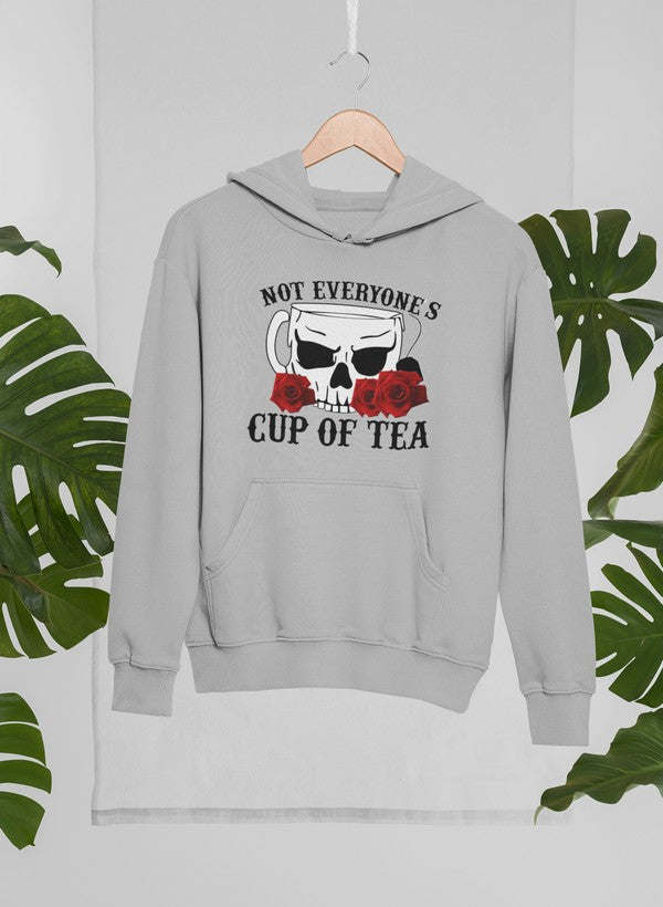 Light gray pullover hoodie featuring “Cup of Tea” text and sunglasses graphic.