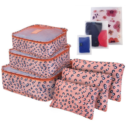 Orange-brown leopard print packing cube set with zippered compartments and mesh top