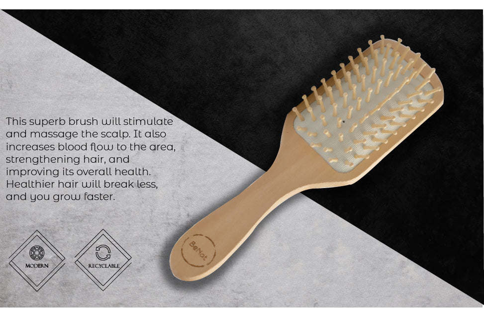 Wood detangling hair brush with white bristle pins and curved paddle shape