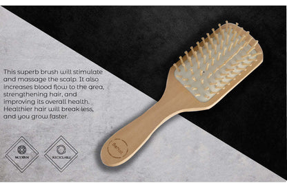 Wood detangling hair brush with white bristle pins and curved paddle shape