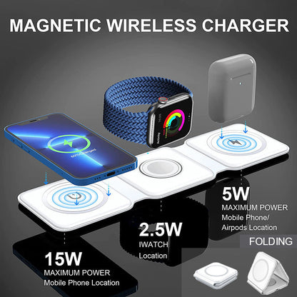 White foldable 3-in-1 magnetic wireless charger base with three circular charging pads