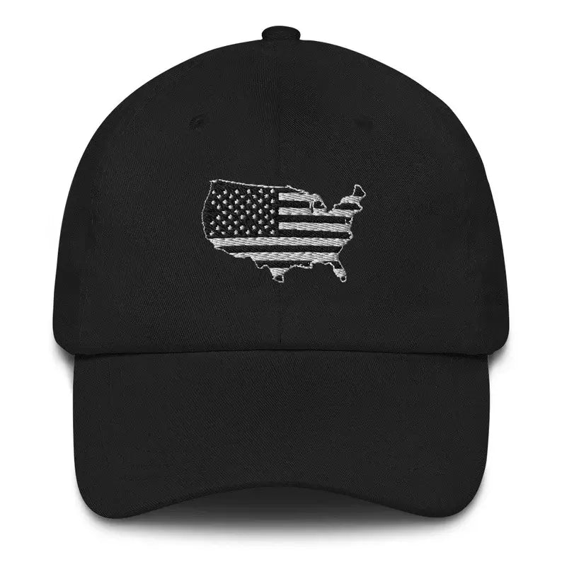 Black baseball cap with US flag state graphic on front