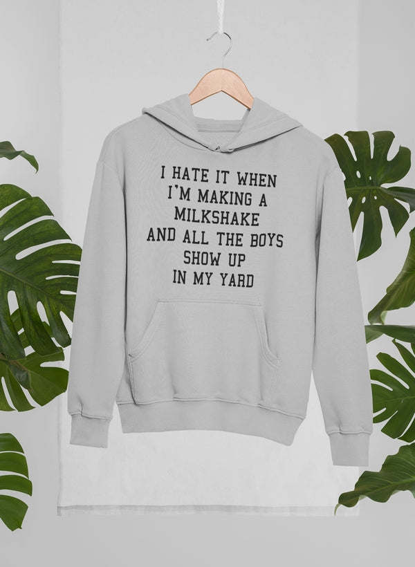 Light gray pullover hoodie with front text graphic and kangaroo pocket