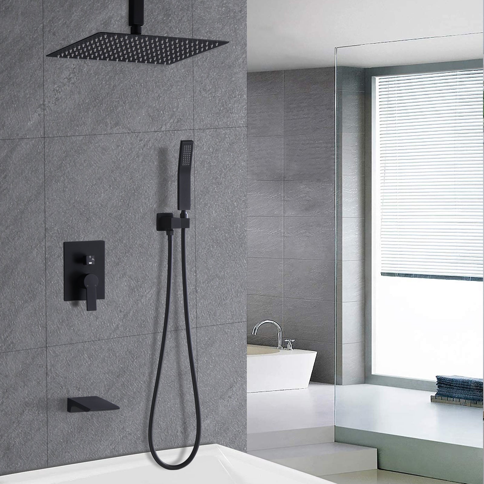 Matte black shower faucet set on wall: rain head, handheld, hose, square control panel