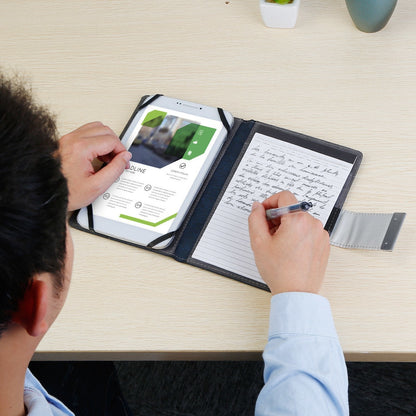 Black padfolio case in use, showing tablet documents and handwritten notes
