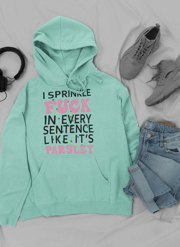 Mint green pullover hoodie with front graphic text print and drawstring hood