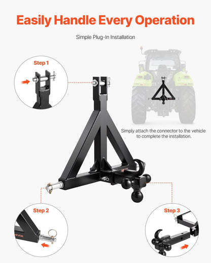 3-point trailer hitch attachment with plug-in connector and safety pin