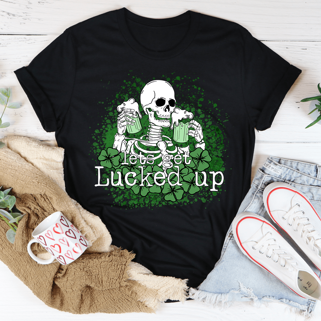 Black crewneck T-shirt with centered white skull leprechaun graphic and 'Lets get Lucked up'