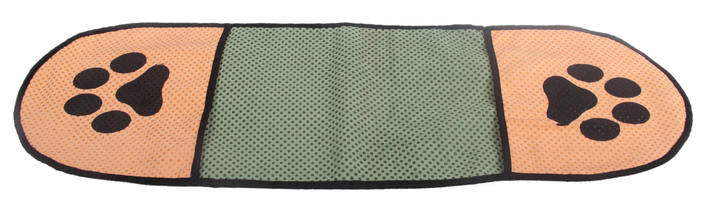 Microfiber pet drying towel in khaki/green with orange paw-print end panels
