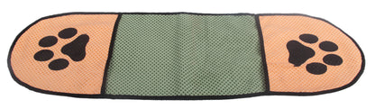 Microfiber pet drying towel in khaki/green with orange paw-print end panels