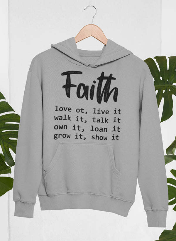 Heather gray hoodie front view with Faith quote graphic, hood, and pocket