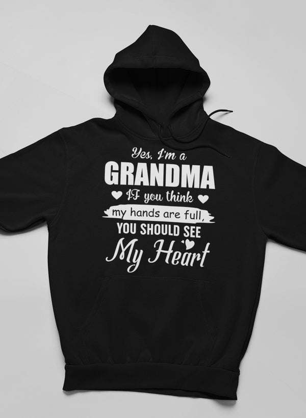 Black pullover hoodie with hood and 'GRANDMA' heart message print