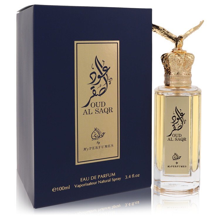 Eau de parfum spray set with blue box and glass bottle, gold cap, Oud Al Saqr by My Perfumes