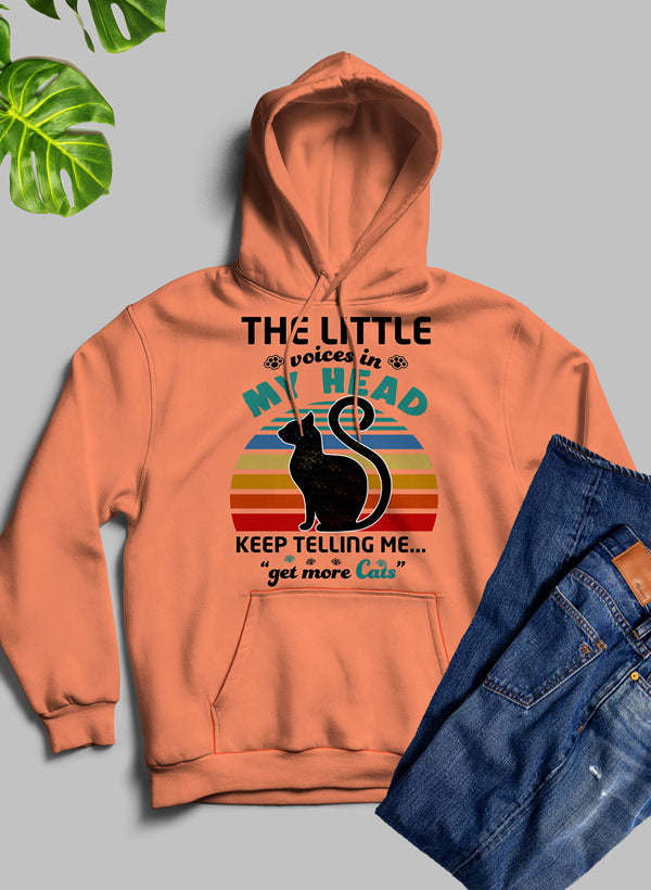 Peach-orange hoodie with black cat graphic and slogan 'KEEP TELLING ME... get more Cats'