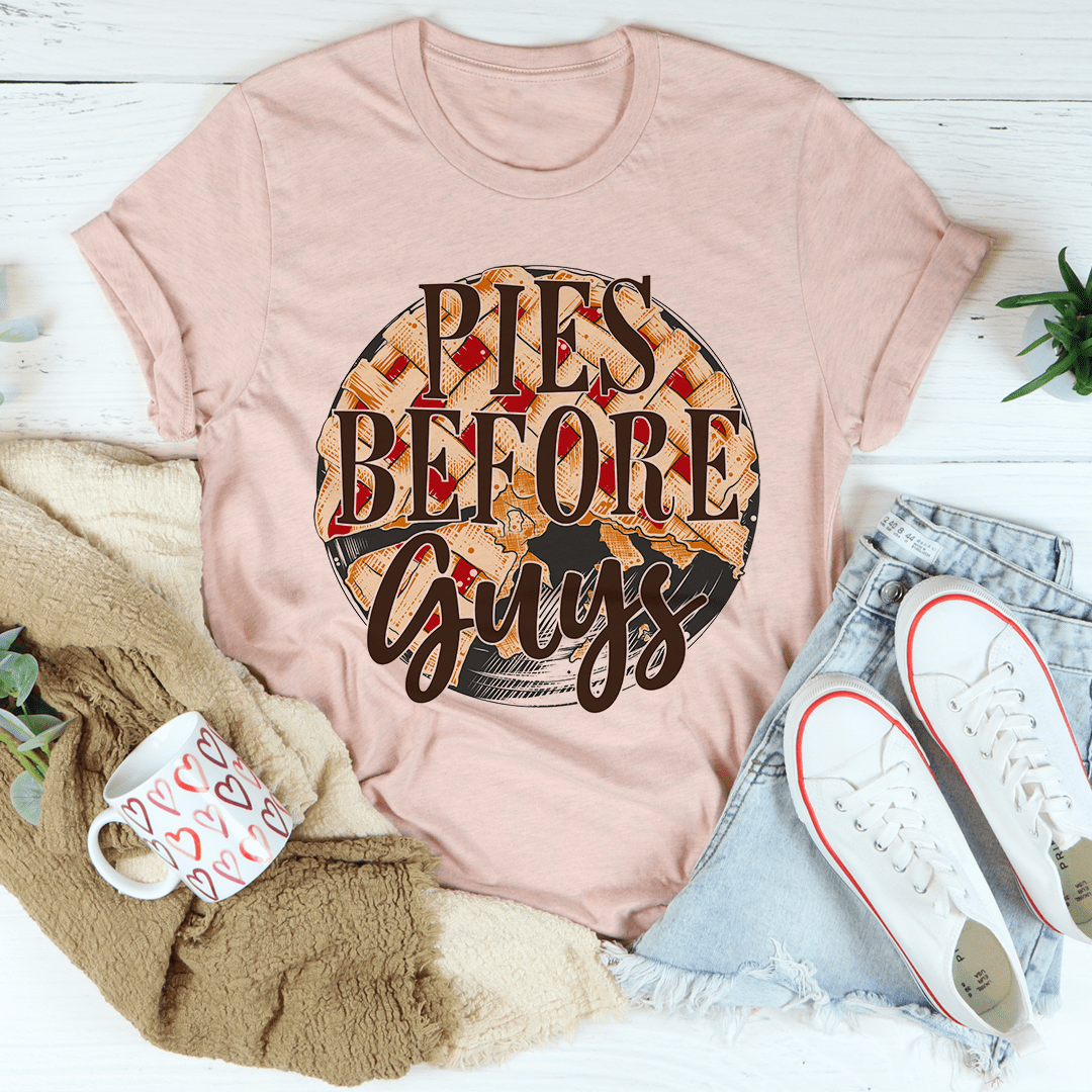 Mauve crewneck T-shirt with "Pies Before Guys" graphic printed on the front