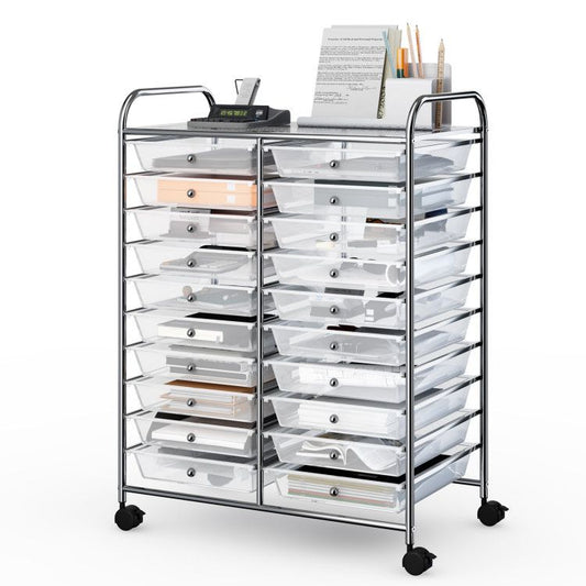 Rolling storage cart with 20 clear drawers, chrome frame, top handle, caster wheels