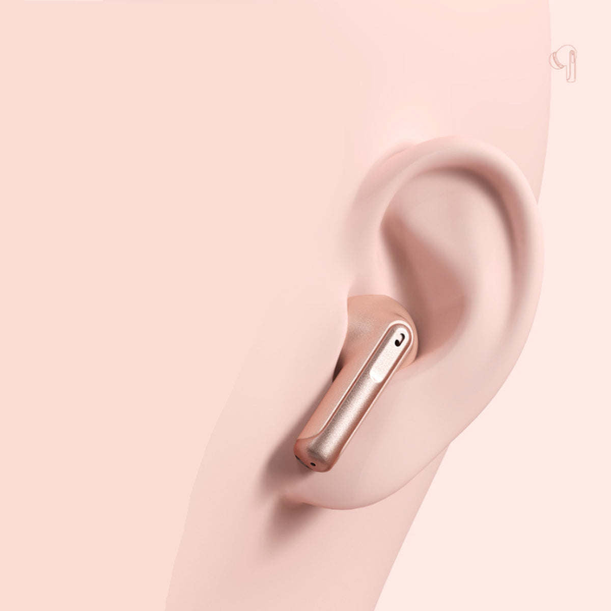 Metallic pink wireless earbuds, one earbud shown from side with mic port