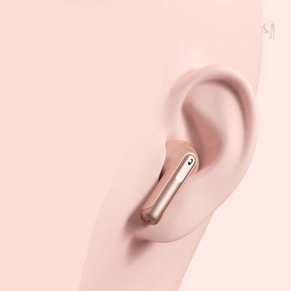 Metallic pink wireless earbuds, one earbud shown from side with mic port