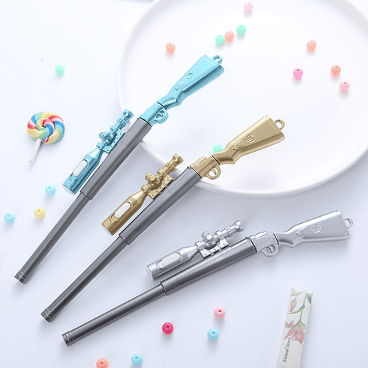 Gel pen set with 3 sniper rifle-shaped gel pens, blue, beige, and gray barrels