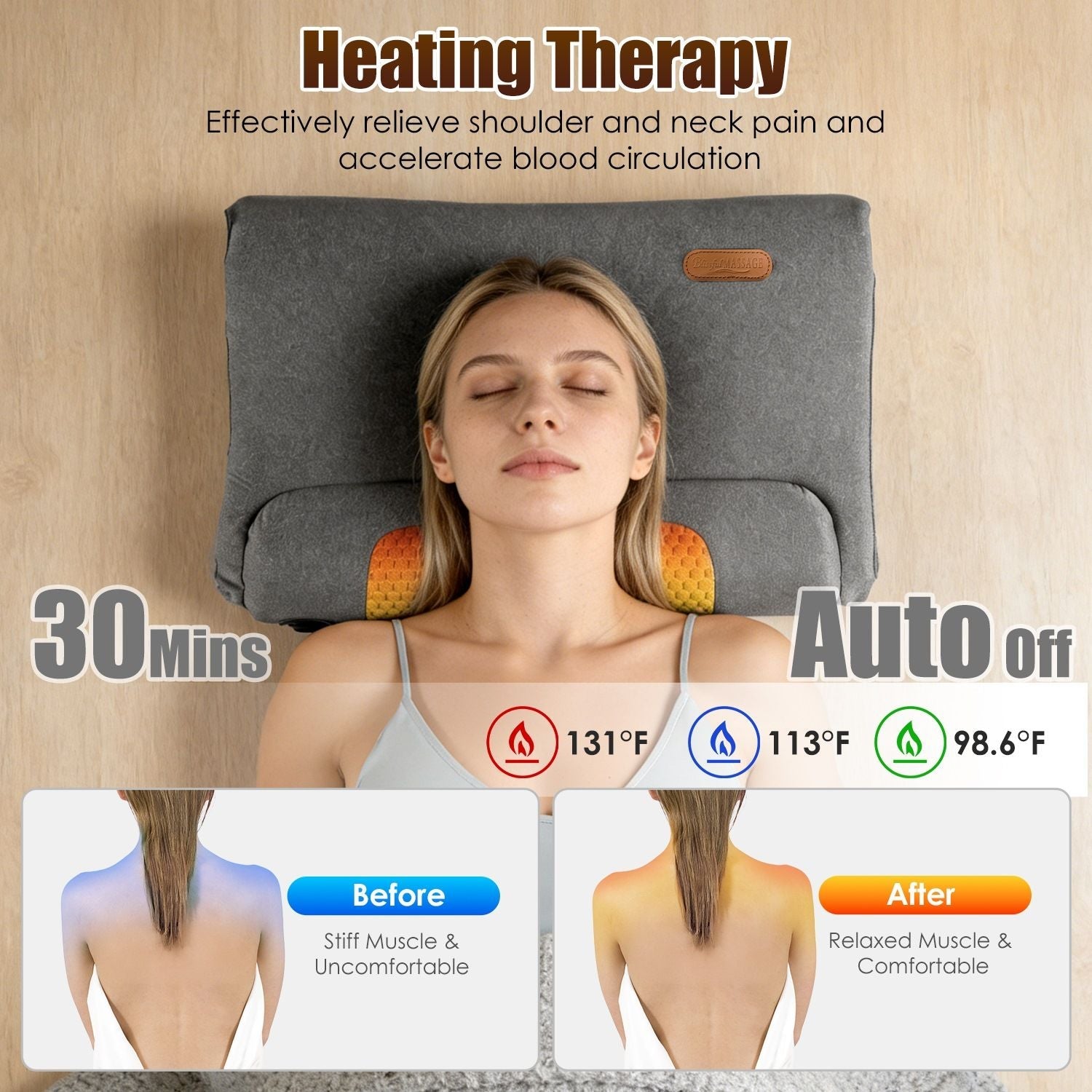 Dark gray heated neck massager pillow with textured heating insert and control panel