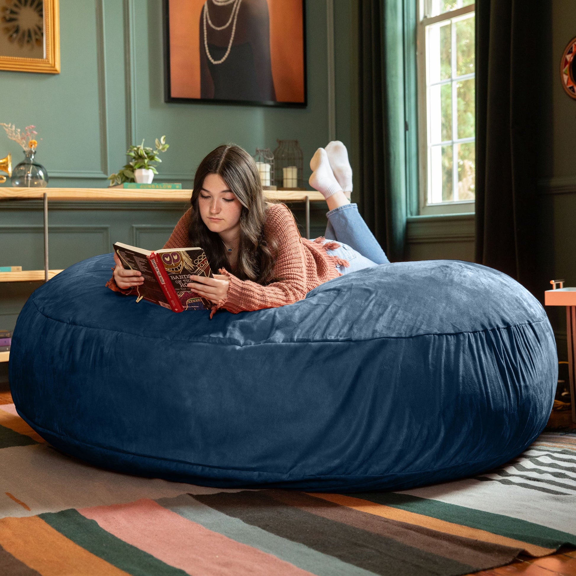 Navy microsuede cocoon bean bag chair, rounded sofa-like seat for reading