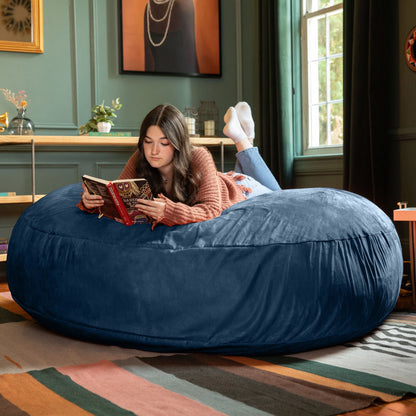 Navy microsuede cocoon bean bag chair, rounded sofa-like seat for reading