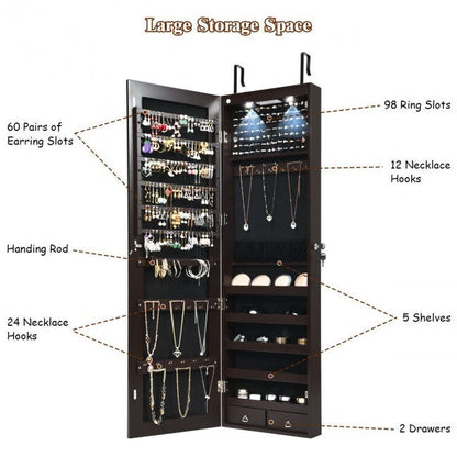 Black mirrored jewelry cabinet with ring slots, necklace hooks, and drawers