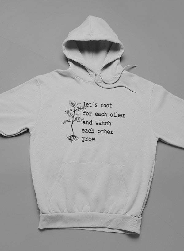 Light heather gray hoodie with front tree and quote graphic, pullover hood and pocket
