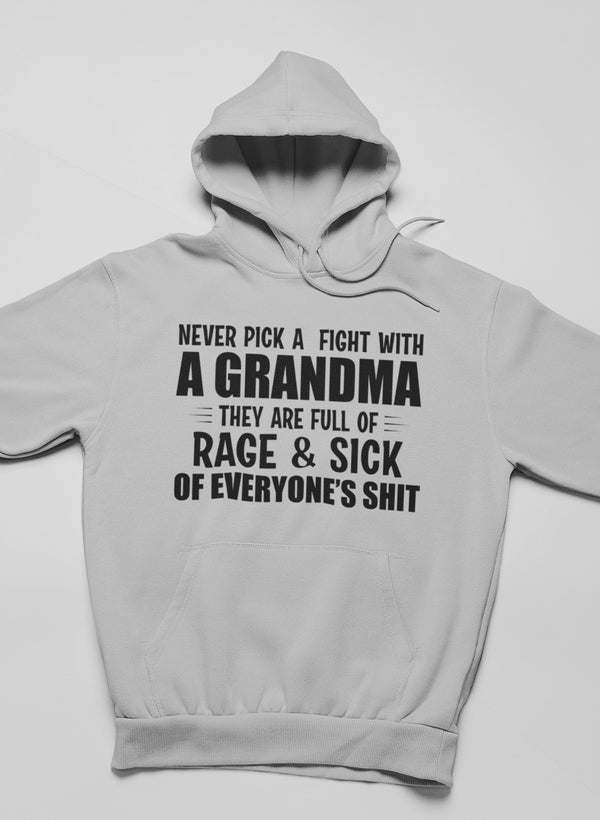 White hoodie with bold chest lettering, pullover hood and front kangaroo pocket