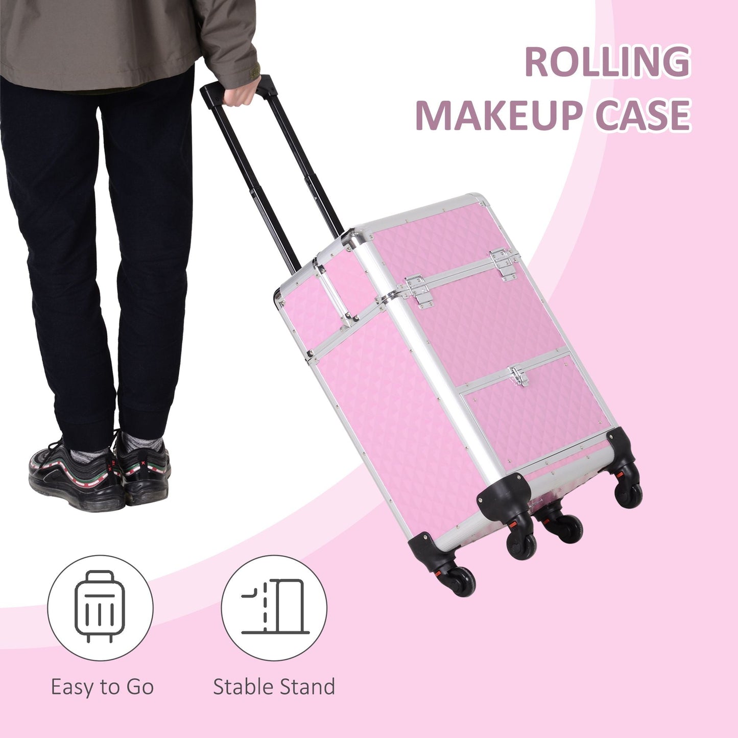 Makeup Train Case Portable Aluminum Rolling Cosmetic Organizer Trolley 4 Wheels Pink Salon Beauty Jewelry Storage