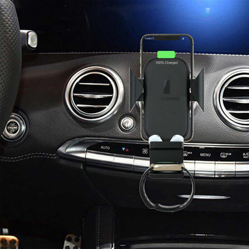 Wireless dashboard phone charger mount with phone in cradle and charging display, black