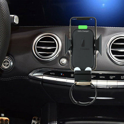 Wireless dashboard phone charger mount with phone in cradle and charging display, black