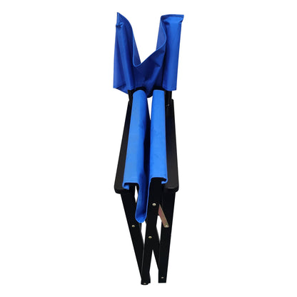 Blue canvas folding director chair in closed position with black frame