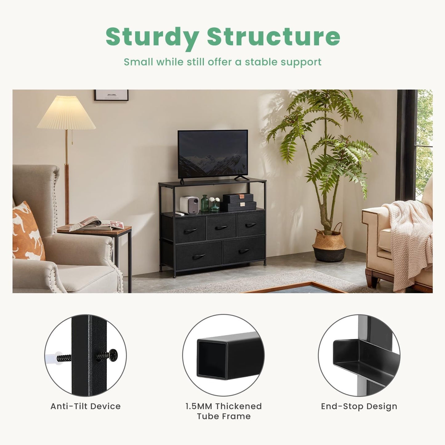 Dresser for Bedroom, Chest of Drawers, 5 Drawer Dresser, Closet Fabric Dresser with Metal Frame tv stand