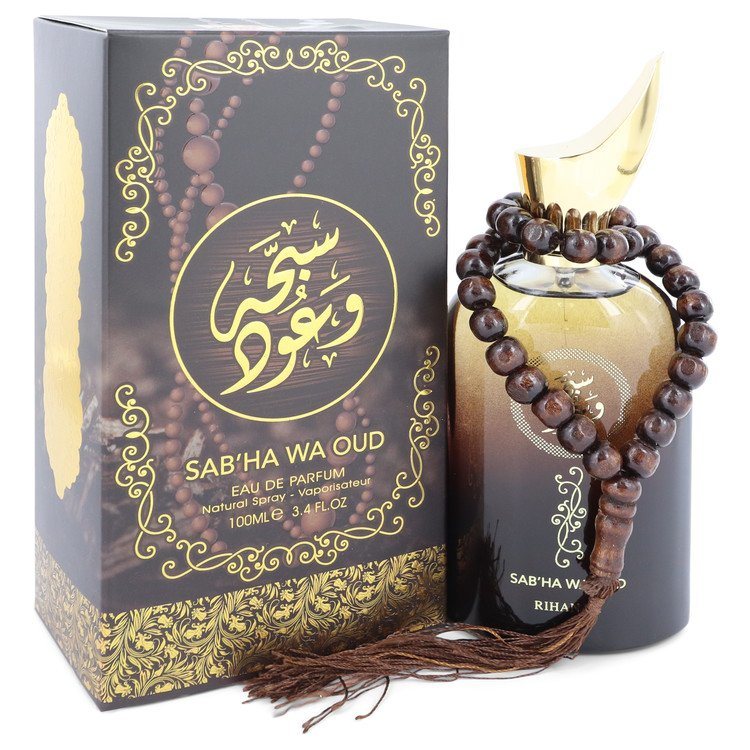 Unisex eau de parfum bottle with decorative bead necklace and matching gold box