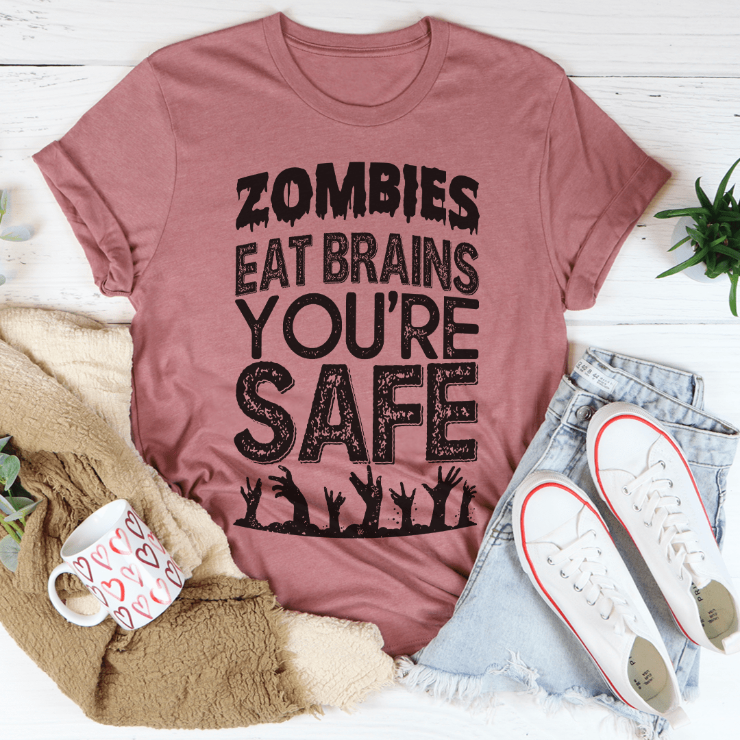 Mauve crewneck t-shirt with Zombies Eat Brains You’re Safe graphic and zombie hands