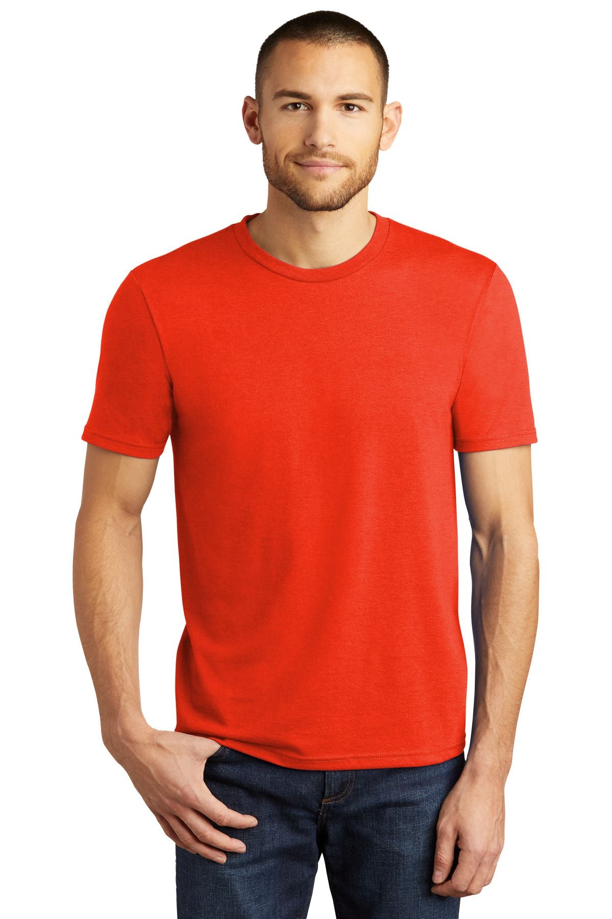 Red crewneck tri tee with short sleeves.
