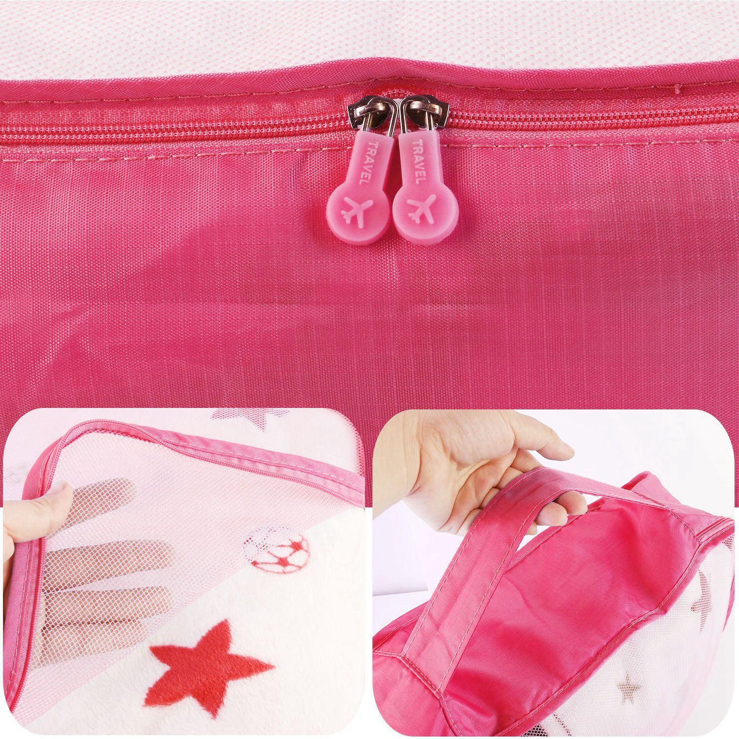 Pink zippered packing cube with double zipper pull and star print mesh panels