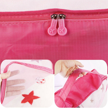 Pink zippered packing cube with double zipper pull and star print mesh panels