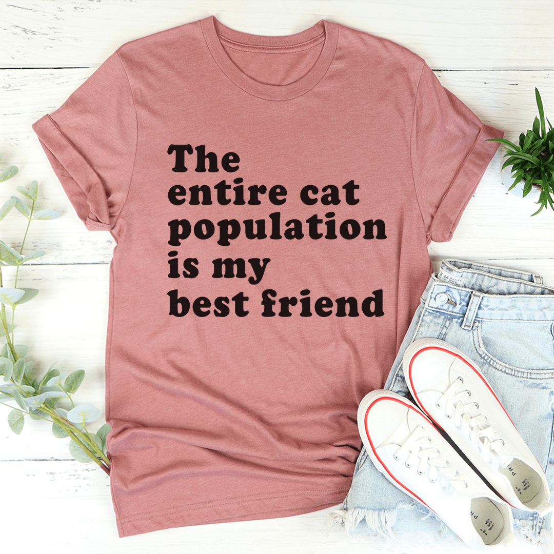 Mauve T-shirt with black 'entire cat population is my best friend' text
