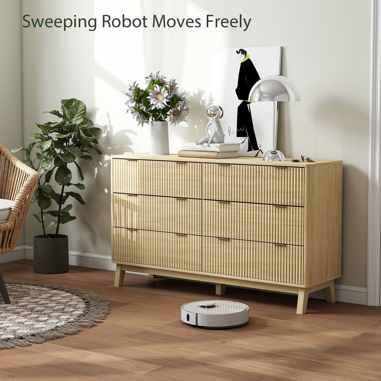 HOMCOM 6 Drawer Double Dresser for Bedroom, Fluted Chest of Drawers with Gold Finger Pulls and 5 Wood Legs, Natural Wood