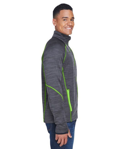 Men's heather fleece jacket side profile, dark gray with neon green piping along seams