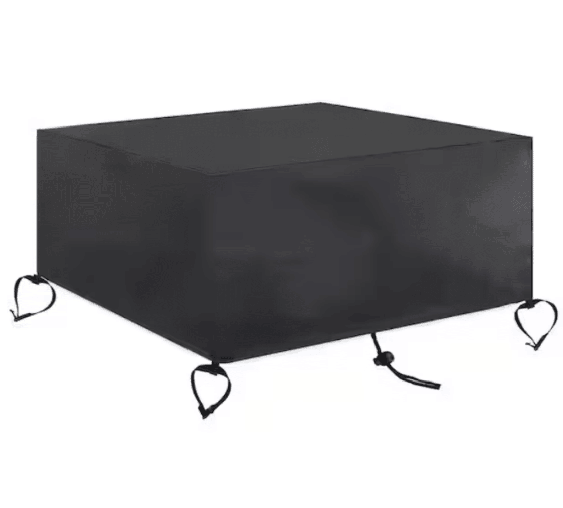 Square fire pit cover, black, with corner ties and elastic hem